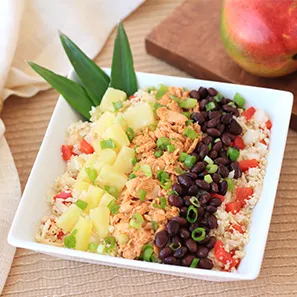 Bol de arroz con coliflor y salmón sabor mango